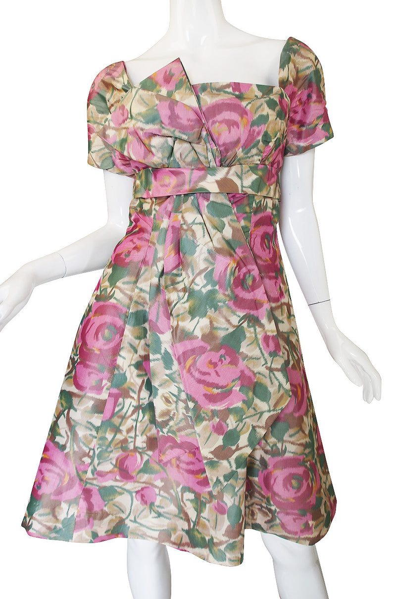 1950s Pretty Floral Silk Bow Cocktail Dress