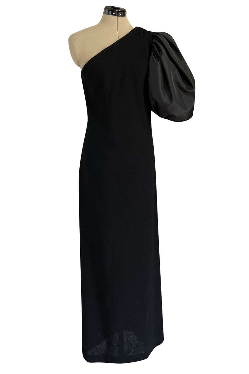 Fabulous 1980s Bill Blass One Shoulder Black Crepe & Taffeta Puff Sleeve Dress