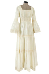 Romantic 1970s Victor Costa Mexican Wedding Dress Feel Ivory Cotton Gauze & Lace  Dress