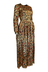 1960s Pat Sandler Metallic Gold & Coral Floral Print Full Length Dress
