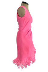 Stunning 1980s Ady Couture Rich Sueded Pink Silk Dress w Elaborate Pink Feather Trim