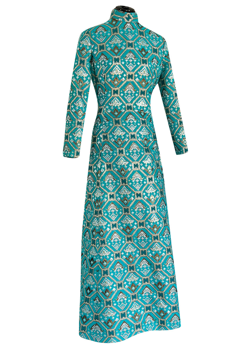 Gorgeous 1970s Mollie Parnis Turquoise Dress w Metallic Gold & Silver Detailing
