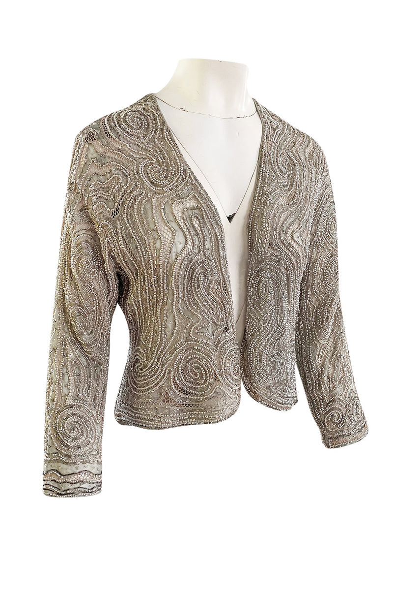 Documented 1981 Halston Silver Beaded & Pearl Grey Silk Net Couture Jacket