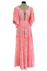 Amazing 1930s Unlabeled Pink Light Woven Cotton Tiered Applique Dress w Amazing Sleeves