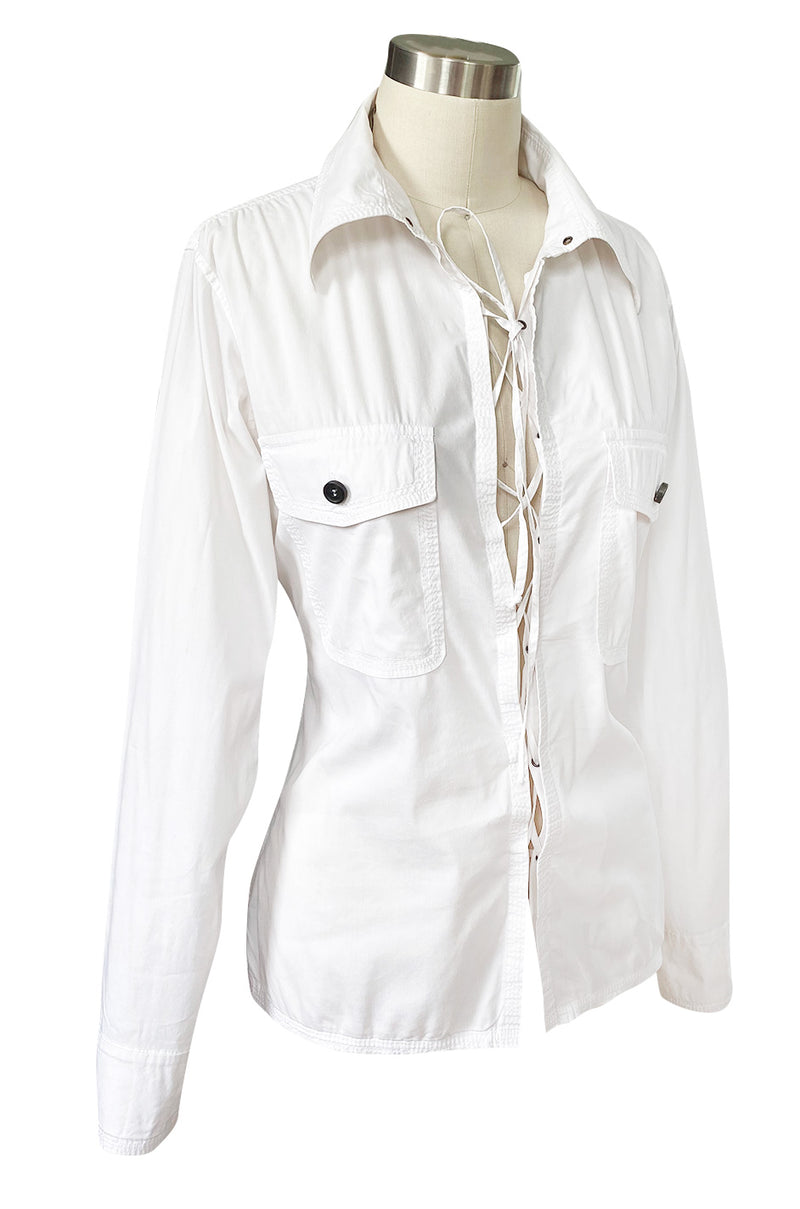 Early 2000s Tom Ford for Yves Saint Laurent Front Lace White Safari Shirt