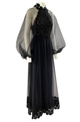 1960s Werle Black Organza & Embroidered Lace Transparent Back Dress