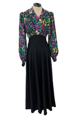 Chic 1930s Silky Rayon Vibrant Floral Printed Dress w Flared Black Crepe Skirt