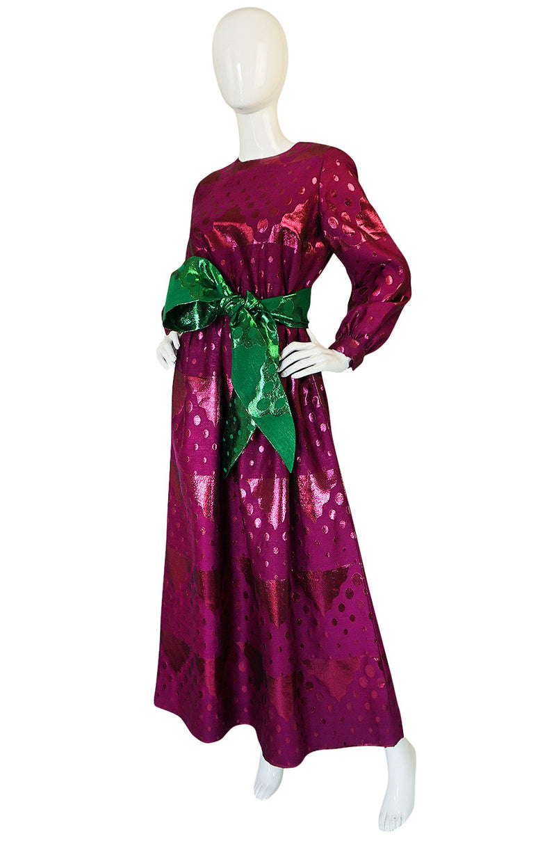 1960s Oscar de la Renta Metallic Dot Dress with Green Sash