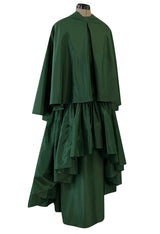 Rare 1977 Madame Gres Haute Couture Dress & Cape in a Deep Green Silk Taffeta