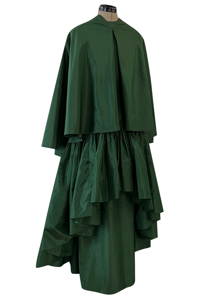 Rare 1977 Madame Gres Haute Couture Dress & Cape in a Deep Green Silk Taffeta