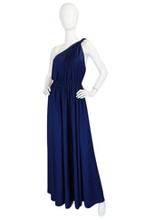 1970s Saks Youth Dimension Backless Jersey One Shoulder Blue Dress