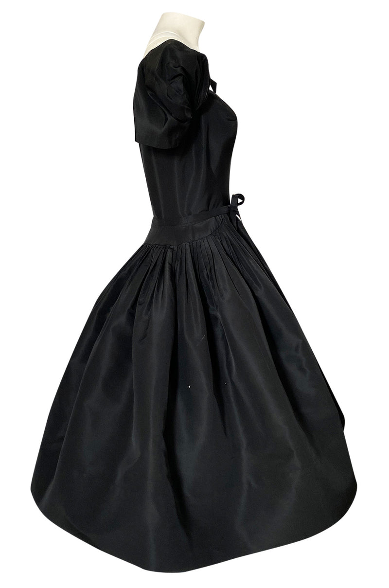 1950s Unlabeled Very Well Made Black Silk Full Skirted Silk Cocktail Dress