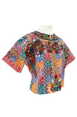 Vintage Mexican Artisan Bright Coloured Pattern Hand Embroidered Flowers & Birds Top