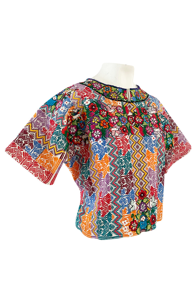 Vintage Mexican Artisan Bright Coloured Pattern Hand Embroidered Flowers & Birds Top