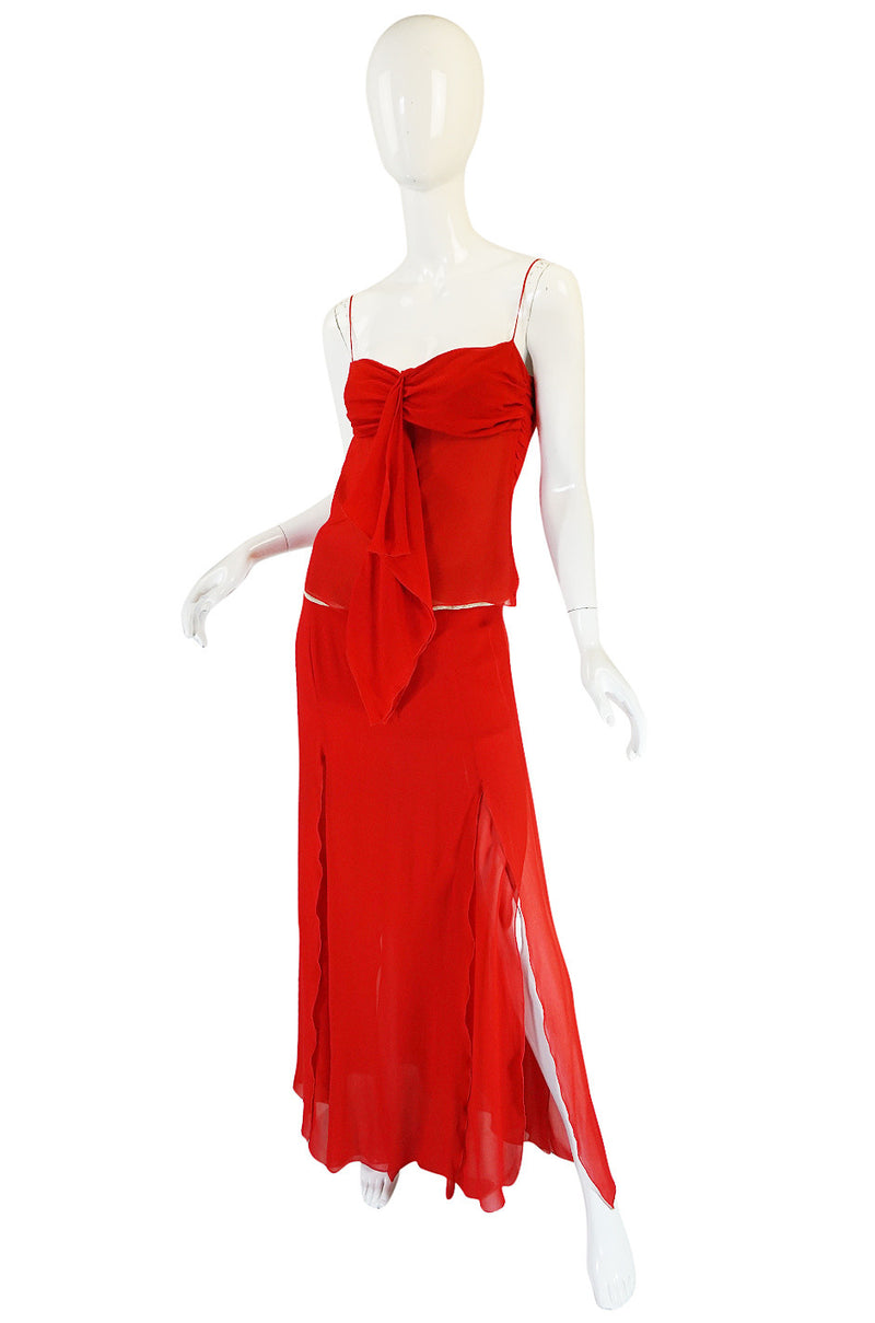 1990s Valentino Red Silk Chiffon Top & Skirt Dress Set