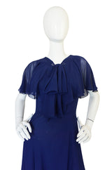 1970s Deep Blue Silk Chiffon Caped Detail Valentino Dress