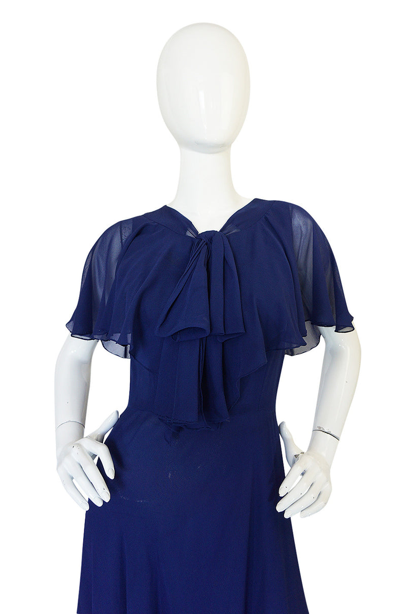 1970s Deep Blue Silk Chiffon Caped Detail Valentino Dress