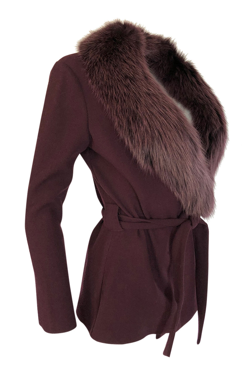 Early 2000s Heidi Weisel Deep Plum Colored Fox Fur Collar Wrap Sweater