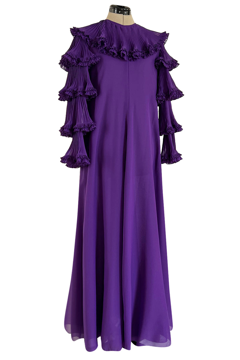 Unusual 1970s Miss Dior Purple Silk Chiffon Tiered & Pleated Sleeve Caftan Dress