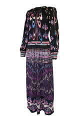 Unusual 1970s Paganne Smocked Jersey Printed Maxi Dress