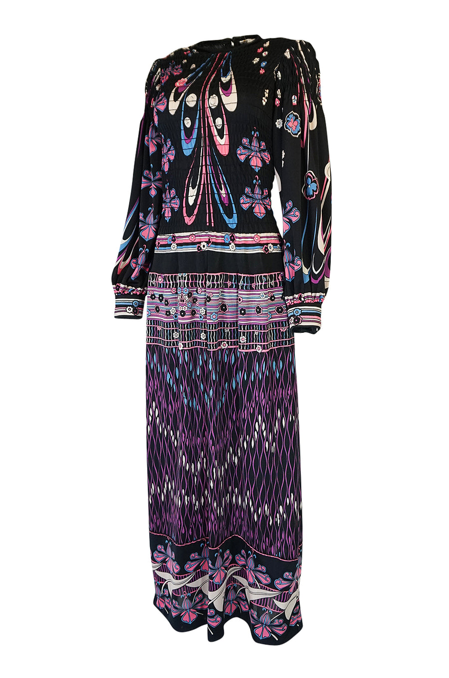 Unusual 1970s Paganne Smocked Jersey Printed Maxi Dress – Shrimpton Couture