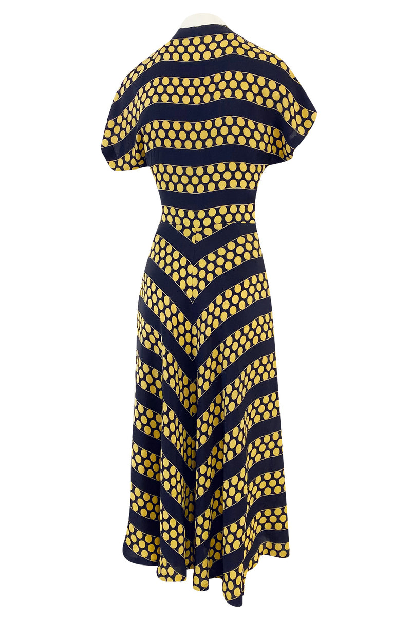 Gorgeous 1940s Yellow Dot & Deep Navy Black Chevron Print Silk Swing Dress