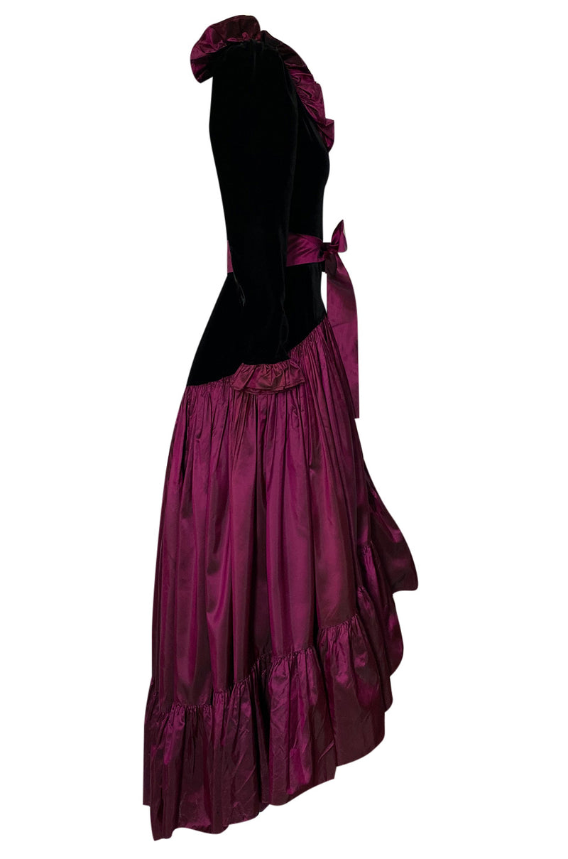 Fall 1980 Yves Saint Laurent Silk Taffeta & Velvet Dress w Asymmetrical Hem
