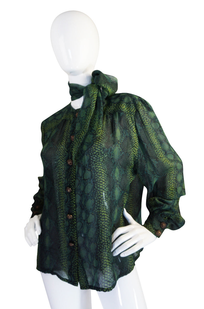 1980s Jean-Louis Scherrer Silk Chiffon Snake Print Top