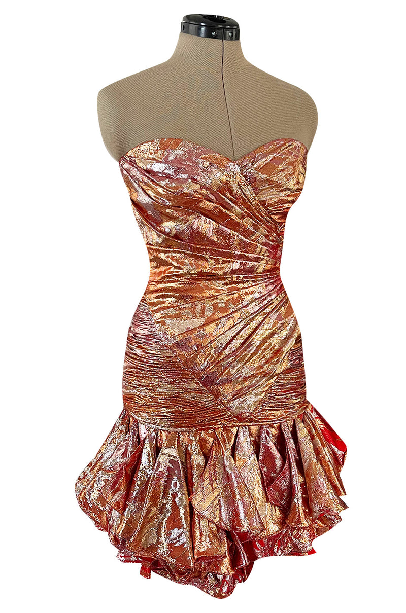 Fall 1988 Emanuel Ungaro Strapless Metallic Gold & Coral Dress w Flirty Ruffled Skirt