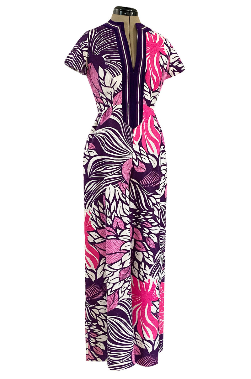 1960s Gino Charles for Malcolm Starr Purple & Pink Printed Jumpsuit w Extra Wide Legs