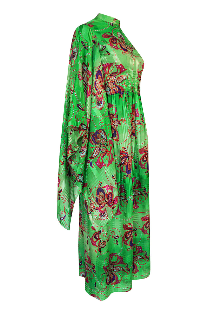 1970s Mollie Parnis Kimono Sleeve Printed Green Silk Dress
