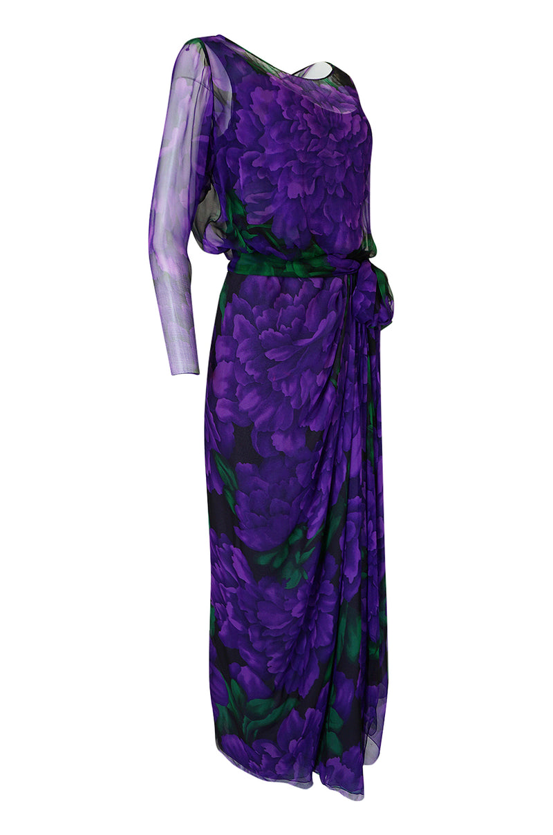 Extraordinary 1970s James Galanos Purple Silk Chiffon Demi-Couture Dress