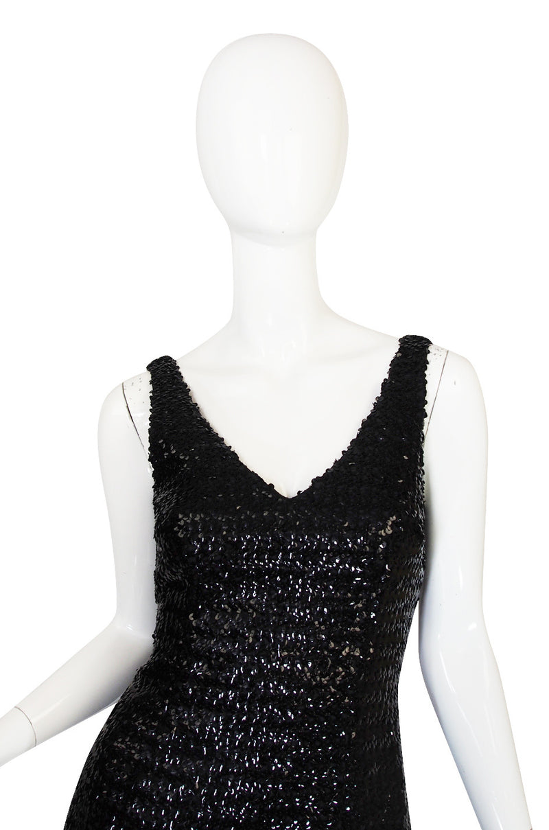 1970s Glossy Black Sequin Donald Brooks Dress