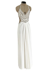 Stellar 1970s Luis Estevez Backless White Jersey Dress w Silver Studded Front