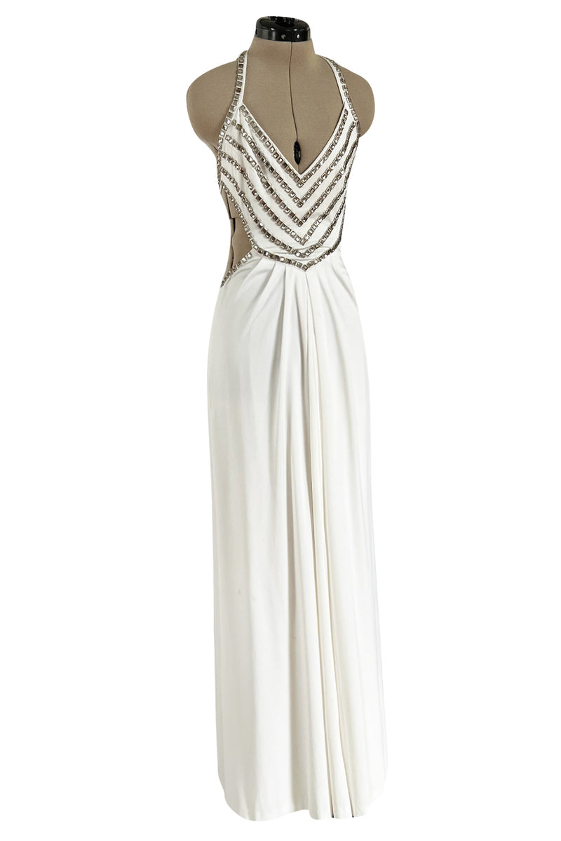 Stellar 1970s Luis Estevez Backless White Jersey Dress w Silver Studded Front