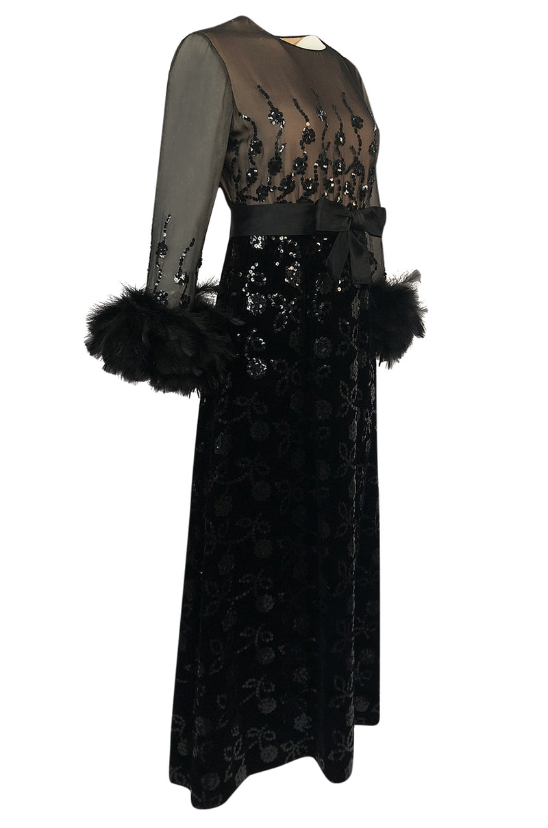 Documented Fall 1970 Oscar de la Renta Ostrich Feather & Sequin Silk Dress