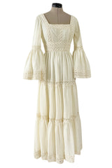 Bohemian 1970s Victor Costa Mexican Wedding Dress Feel Ivory Cotton & Lace Dress