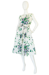 Beautiful 1950s Crisp Violet Print on a White Cotton Dress