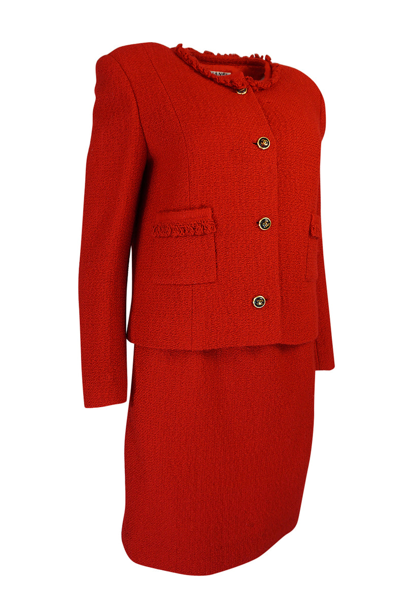 c1978-1985 Chanel Red Boucle Cropped Jacket & Skirt Suit