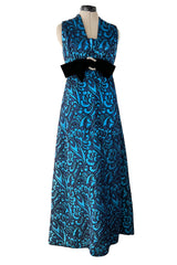 Late 1960s Lanvin by Jules-Francois Crahay Blue Metallic Silk Dress w Bow Detailing