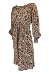 Prettiest 1970s Emanuel Ungaro Haute Couture Full Sleeved Floral & Lattice Printed Silk Dress