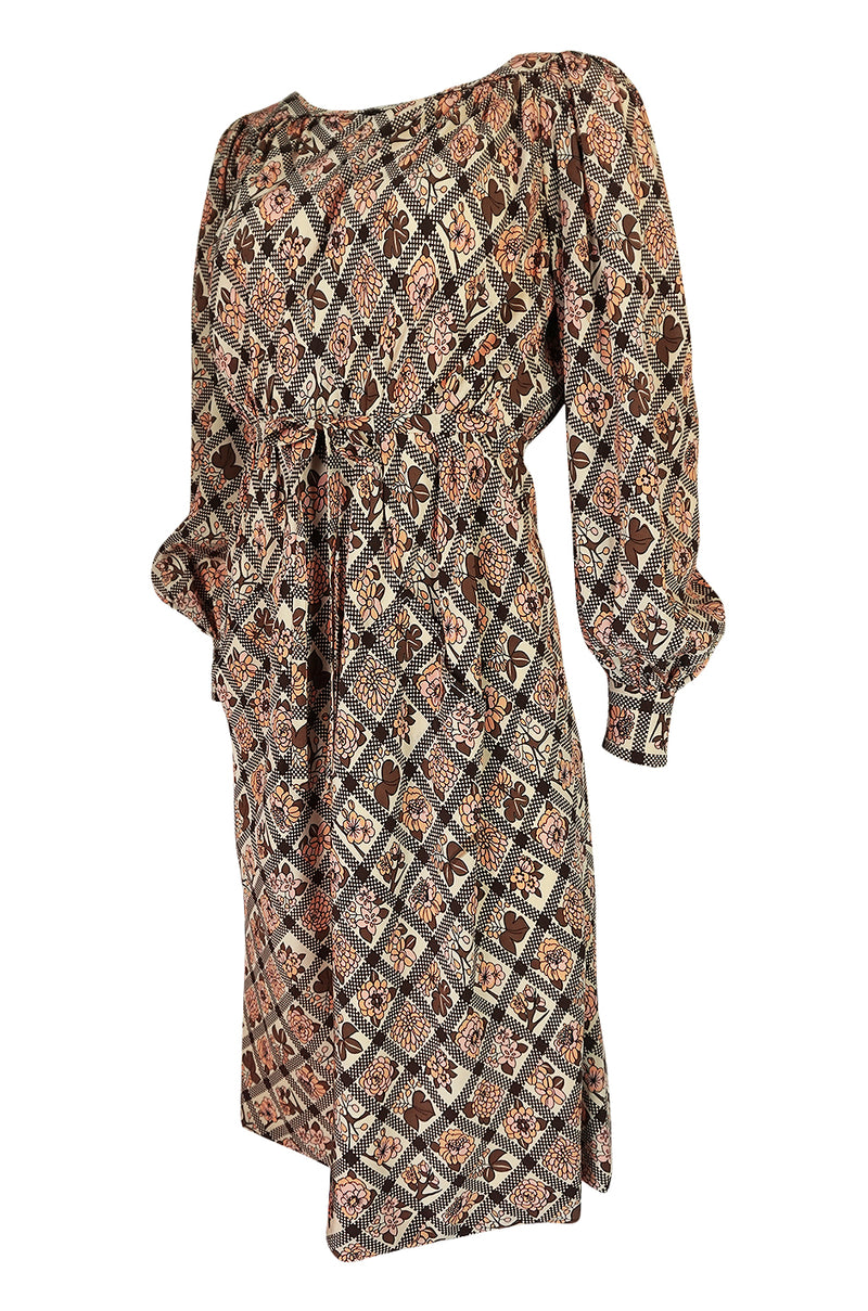 Prettiest 1970s Emanuel Ungaro Haute Couture Full Sleeved Floral & Lattice Printed Silk Dress