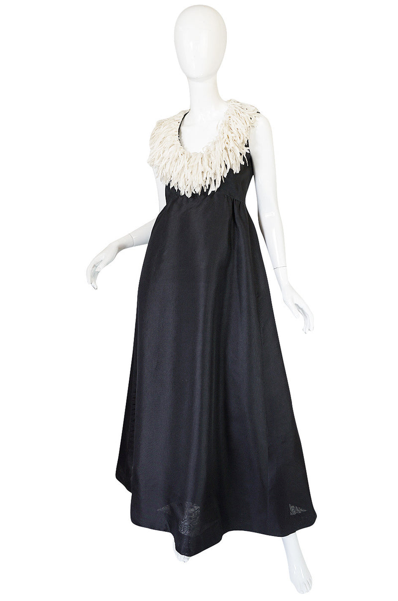 1960s Black Silk Organza "Feathered" Collar Sarmi Dress