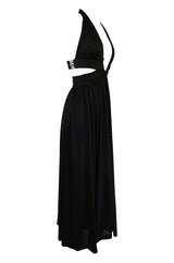 1970s Lanvin Plunge Front Backless Nylon Jersey Halter Dress