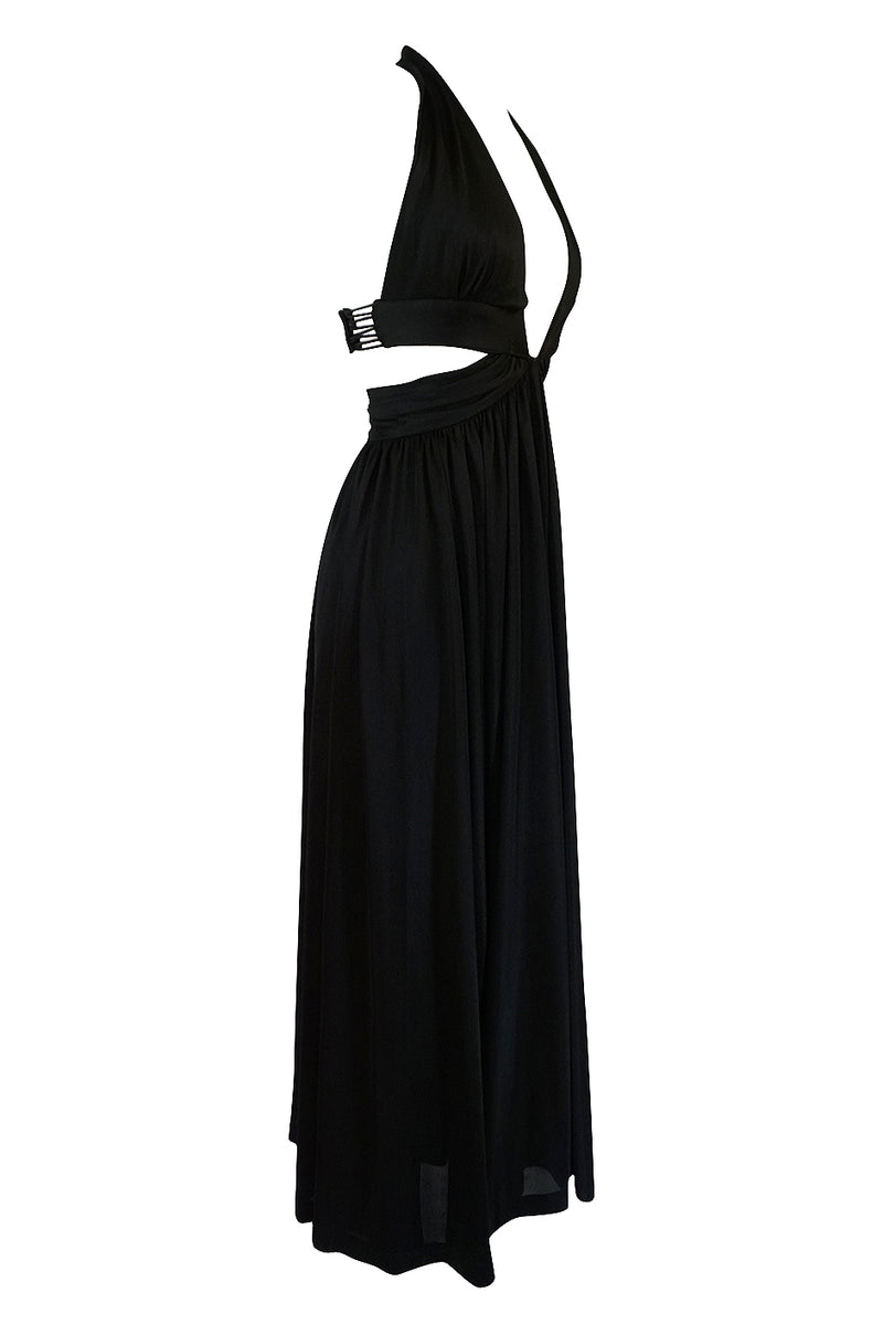 1970s Lanvin Plunge Front Backless Nylon Jersey Halter Dress