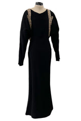Fabulous 1930s Black Bias Cut Silk Crepe Dress w Unusual Rhinestone & Beaded Applique