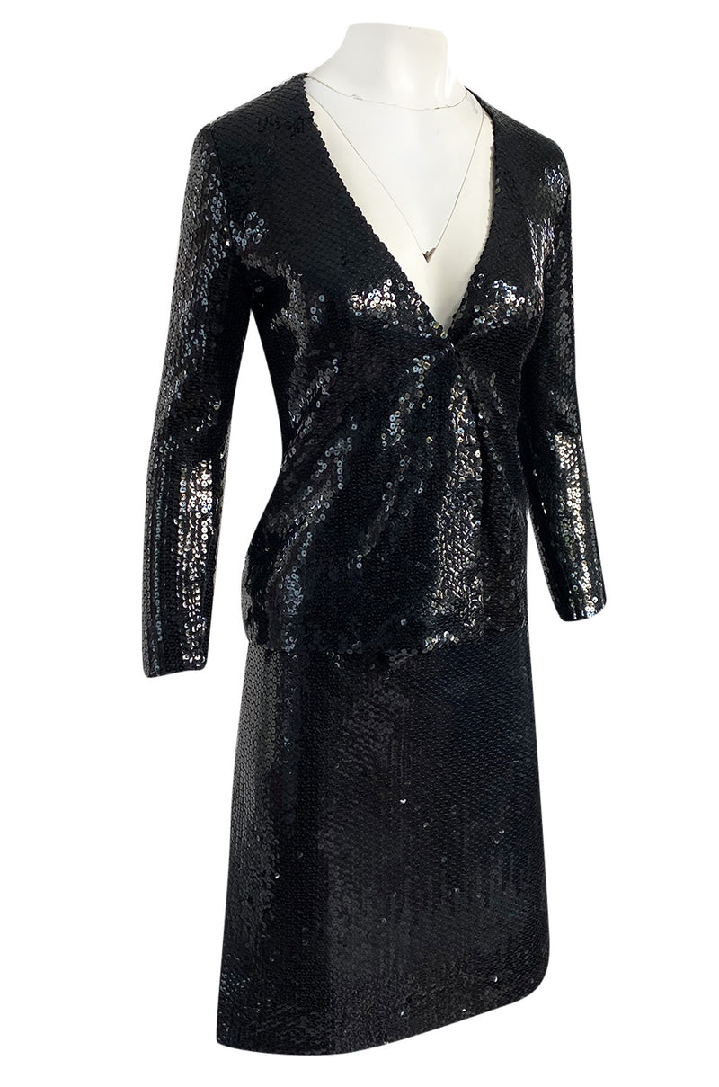 1973 Halston Couture Glossy Black Hand Applied Sequin Skirt & Jacket Evening Suit