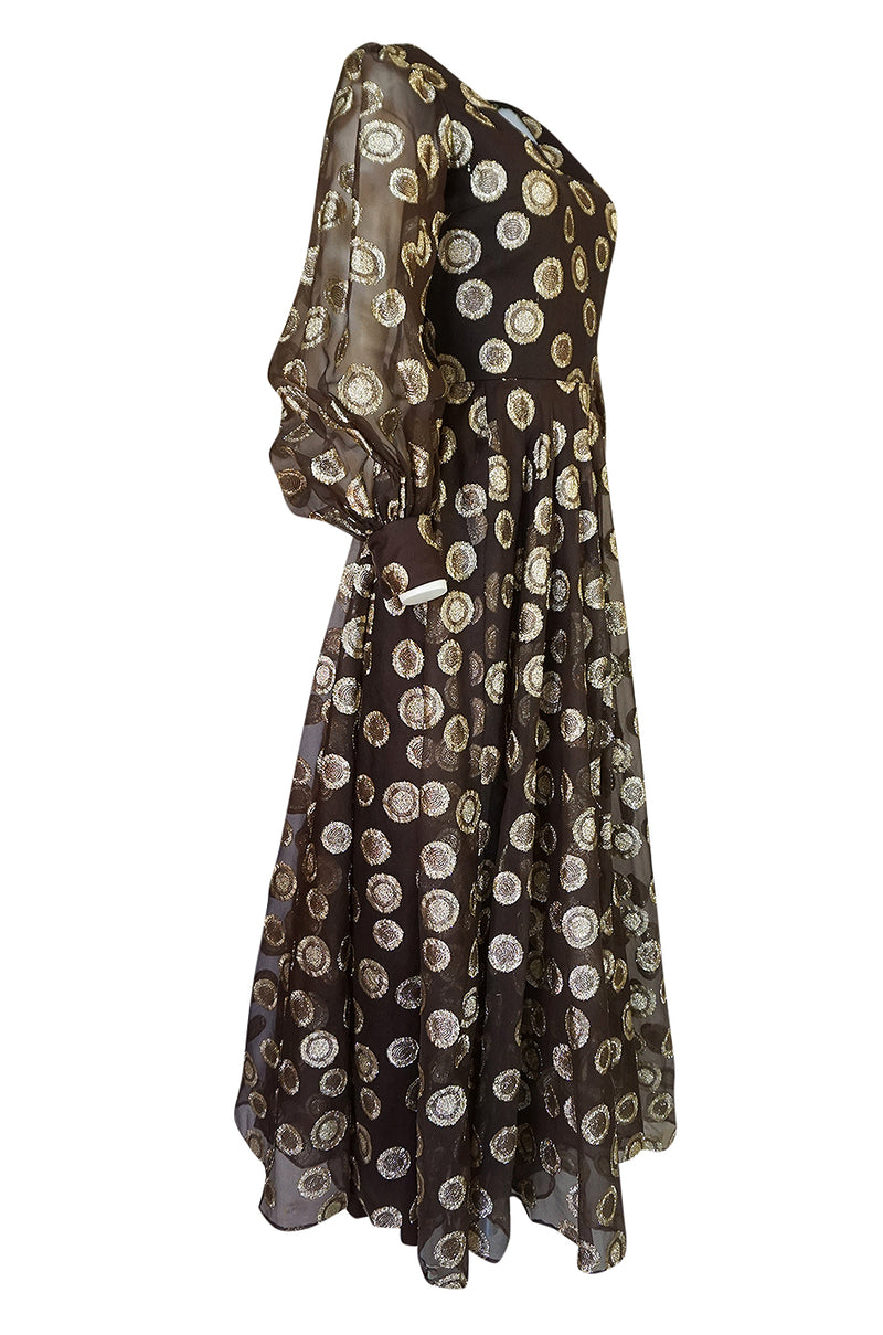 1960s Mr Blackwell Gold Metallic Lurex Dot Organza Dress