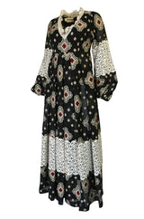 1971 Thea Porter Brocaded Cotton Gauze & Lace Flounce Dress