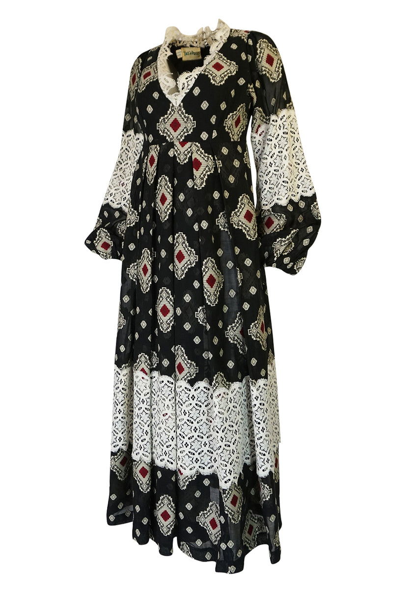 1971 Thea Porter Brocaded Cotton Gauze & Lace Flounce Dress